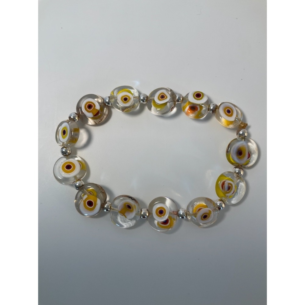 Turkish Glass Eye Yellow ORange White Stretchy Bracelet‎ Silver Beads 10MM